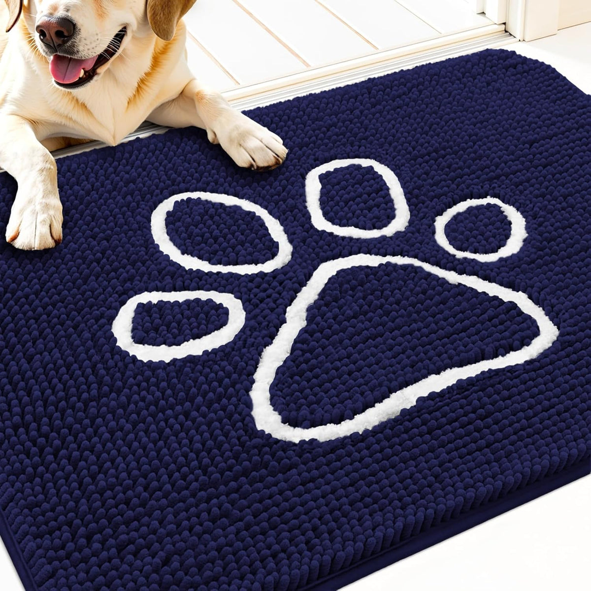 OLANLY Door Mat for Muddy Dog Paws 30x20, Ultra Absorbent Chenille Mud Doormat with Paw Print Design, Non-Slip Washable Doormat for Indoor Entryway, Quick-Dry Pet Bed Mats for Dirty Dogs, Navy Blue