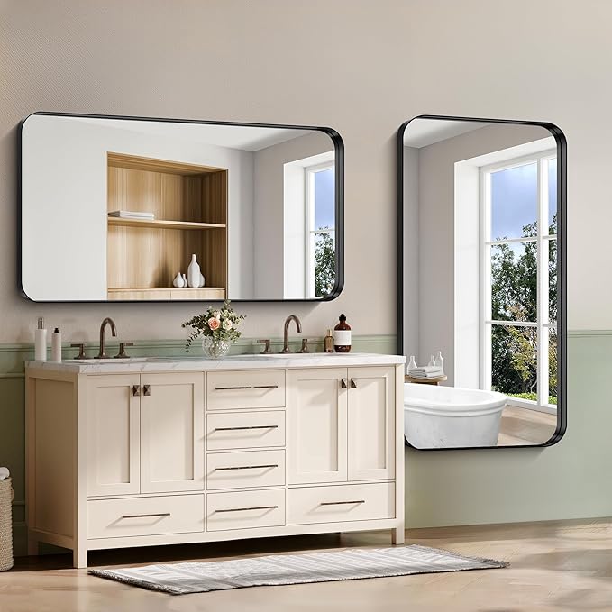 CIRCUMI Black Bathroom Mirror, Rounded Corner, Tempered Glass, Large Mirror