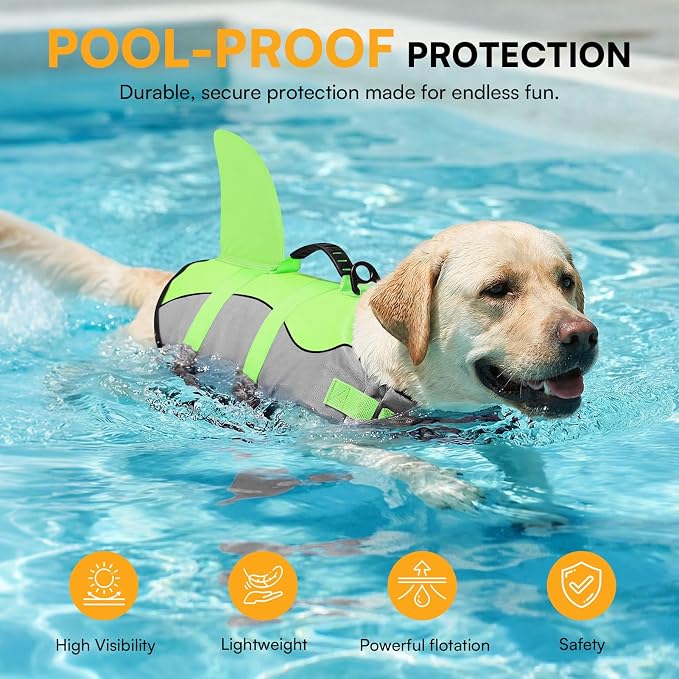 Dog Life Jacket Ripstop Shark Dog Safety Vest Adjustable Preserver with High Buoyancy and Durable Rescue Handle for Small,Medium,Large Dogs, Green Shark Medium