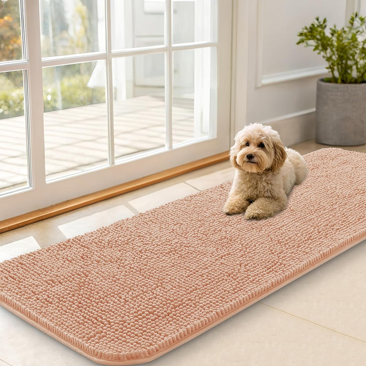OLANLY Dog Door Mat for Muddy Paws 59x20, Absorbs Moisture and Dirt, Absorbent Non-Slip Washable Doormat, Quick Dry Chenille Mud Mat for Dogs, Entry Indoor Entryway Carpet for Inside Floor, Peach