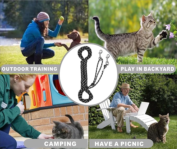 Reflective Cat Leash -30FT Cat Cable Out Escape Proof Walking Yard Long Durable Safe Leash Traning Play Outdoor for Puppies/Kittens/Small Animals(Black)
