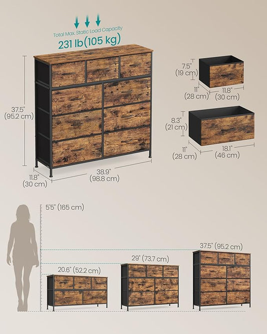 SONGMICS Dresser for Bedroom, Chest of Drawers, 9 Non-Woven Fabric Drawers