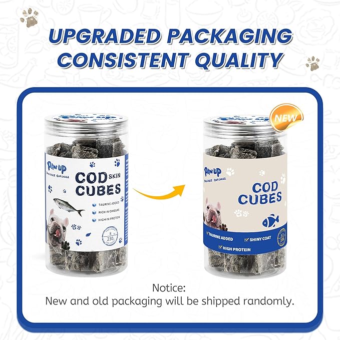 PAWUP Cod Skin Cubes Dog Treat, Chew Fish Skins Rolls w/Taurine, One-Ingredient Grain Free Healthy Dog Treat, Rich in Omega3, 8 oz
