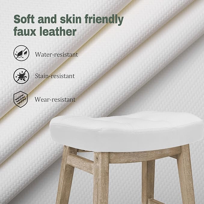 RNKSFX Counter Height Bar Stools Set of 4 for Kitchen Counter, Wooden Backless Island Barstools Farmhouse Modern Short Stools No Back with Faux Leather Saddle Seat 24 inch Counter Top Chairs, White