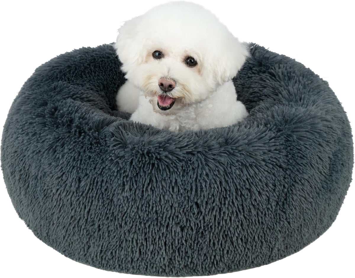 Best Pet Supplies Round Donut Dog Bed with Plush Faux Fur Fabric, Calming, Anti-Anxiety Cushion for Indoor Pets, Slip-Resistant Base, Soft Ergonomic Support - Gray, 24x24x7''