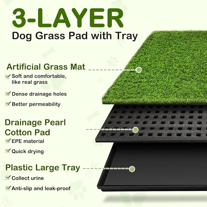 Dog Grass Pad with Tray, 34''X23'' Large Artificial Turf Grass Potty, Reusable Puppy Pee Pads for Dogs, Portable Dog Litter Box for Indoor/Outdoor Potty Training Toilet