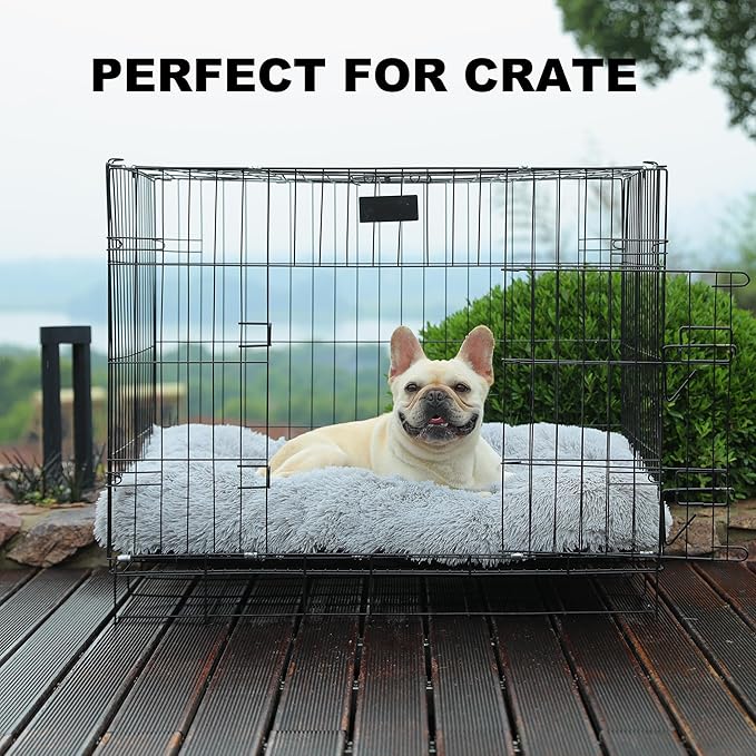 Bedfolks Waterproof Dog Crate Pad, Plush Dog Kennel Bed - Faux Fur, Washable - 35"x23", Solid Light Grey