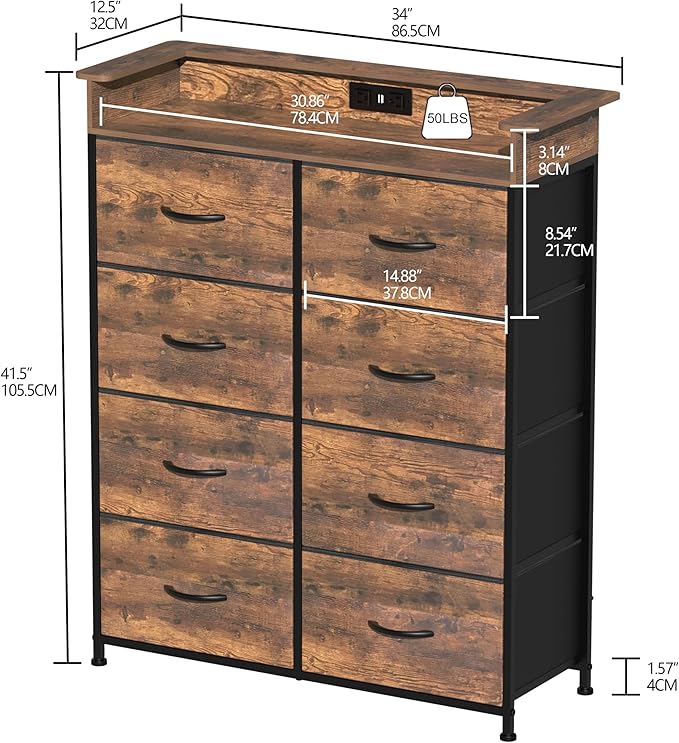 Tall Dresser for Bedroom with Charge Station 8 Drawers Dresser with LED Lights