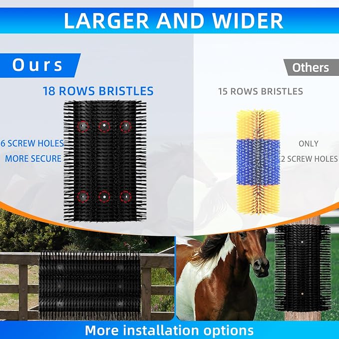Extra Large Size Livestock Scratching Brush, Upgraded Horse/Goat/Cow/Cattle Scratcher Brush for Grooming, Itch Relief Horse Scratcher Brushes Kit with Two Sets of Mounting Screws(8-Pack,Black)