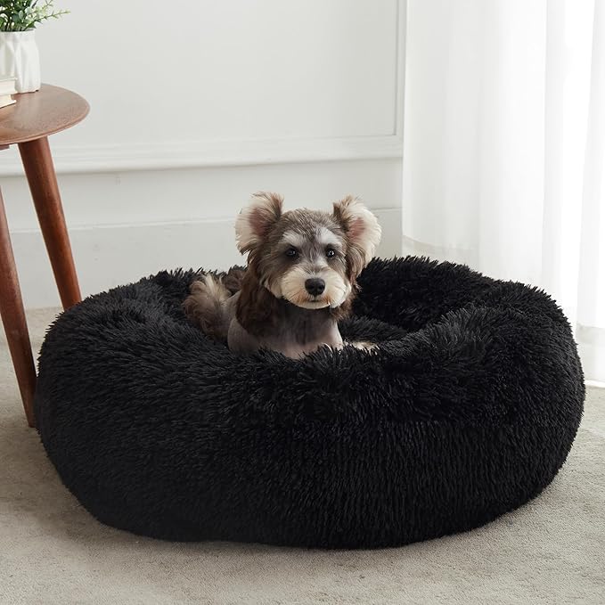 Western Home Calming Donut Small Medium Pet Dog Bed Washable,27" Black | Fluffy Faux Fur Round Cuddler,Anti-Anxiety,Anti-Slip Bottom,Plush Pet Dog Beds for Small Medium Sized Dogs,Up to 35 LBS