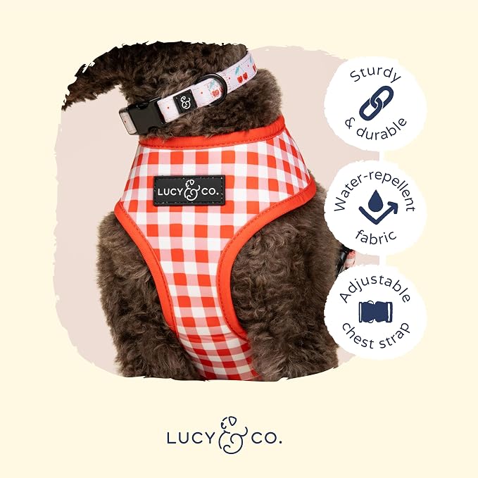 Lucy & Co. Reversible Dog Harness - Water-Repellent Neoprene, Dual-Print Design, Easy Swap Style, Adjustable Comfort Fit - Cheery Cherries Reversible Harness - X-Small
