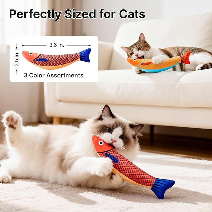 Potaroma Cat Toys Saury Fish, 3 Pack, Catnip Crinkle Sound, Soft and Durable, Interactive Kitten Kicker for Indoor Kitty Exercise 9.4 Inches for All Breeds