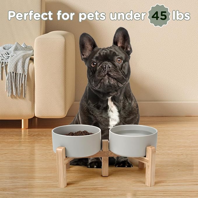 SPUNKYJUNKY Elevated Dog Bowls Ceramic, 6.1'' Dogs and Cat Food Water Bowls Raised with Non-Slip Bamboo Stand for Medium Sized Breed Microwave Dishwasher Safe - 28.7 OZ,Grey