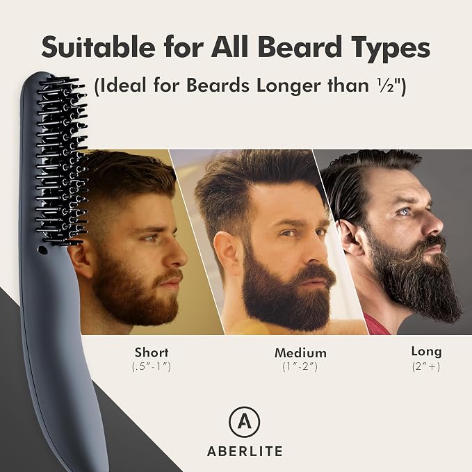 Aberlite EDC - Premium Beard Straightener Brush - Professional Heated Straightening Comb and Grooming Kit for Men (Gray)