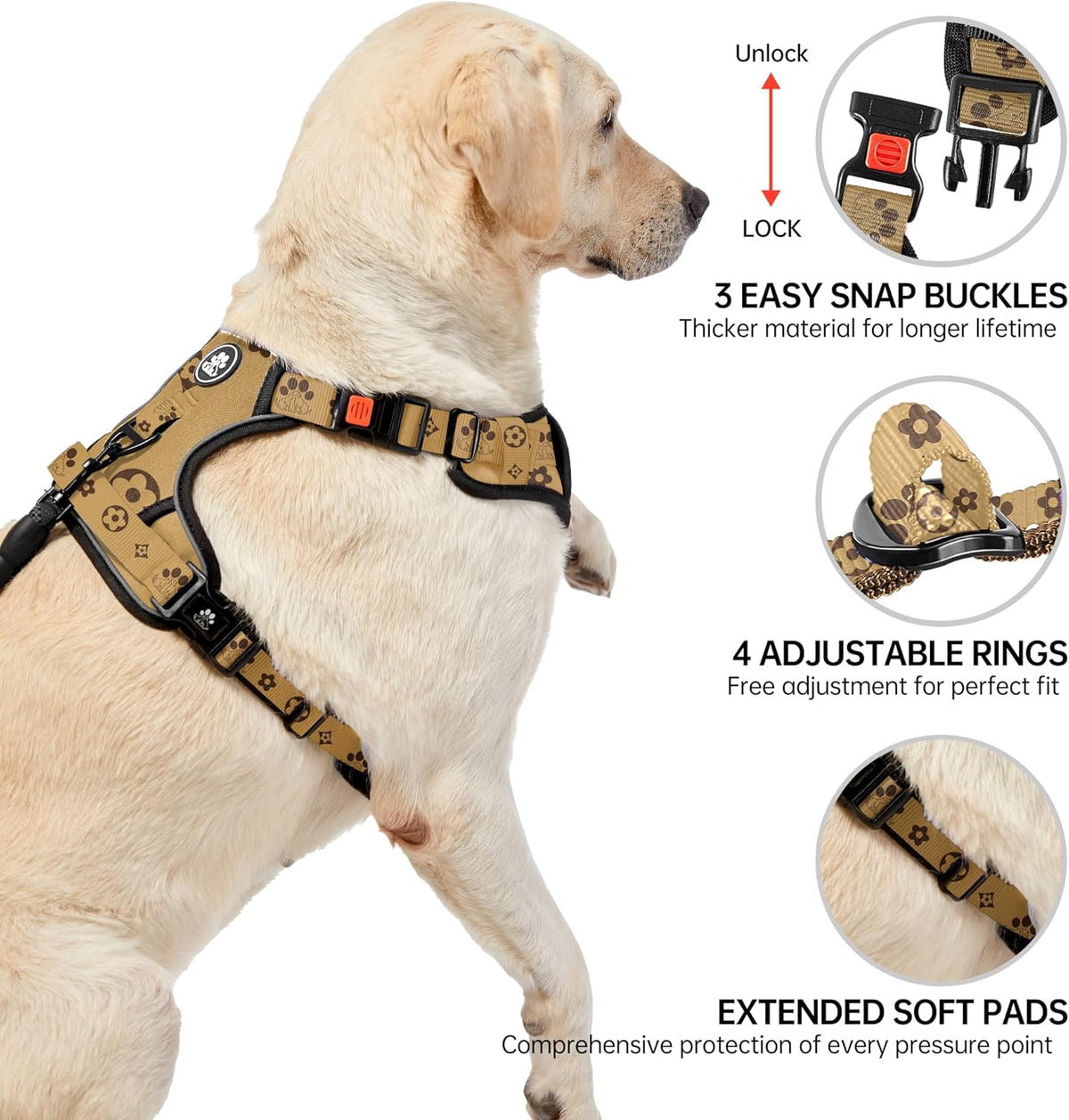 NESTROAD No Pull Dog Harness,Adjustable Oxford Dog Vest Harness with Leash,Reflective No-Choke Pet Harness with Easy Control Soft Handle for Medium Dogs(Medium,Light Brown)