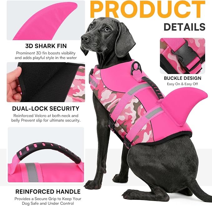 Dog Life Jacket Ripstop Dog Shark Safety Vest Adjustable Preserver with High Buoyancy and Durable Rescue Handle for Small,Medium,Large Dogs, Pink Camouflage X-Small