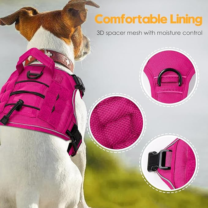 Heavy-Duty Tactical Dog Harness for Large Dogs, No Pull Adjustable Reflective Pet Vest with Molle System, K9 Military-Grade Control for Service Training, Outdoor & 10+ Breeds, Hot Pink, Medium