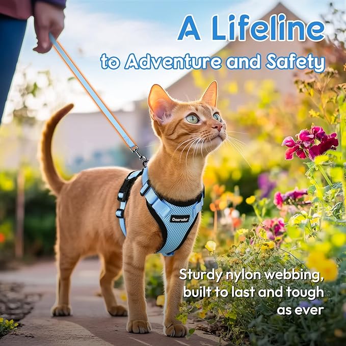 Dooradar Cat Harness and Leash Set, Escape Proof Safe Adjustable Kitten Vest Harnesses for Walking, Easy Control Soft Breathable Mesh Jacket with Reflective Strips for Cats, Light Blue, M
