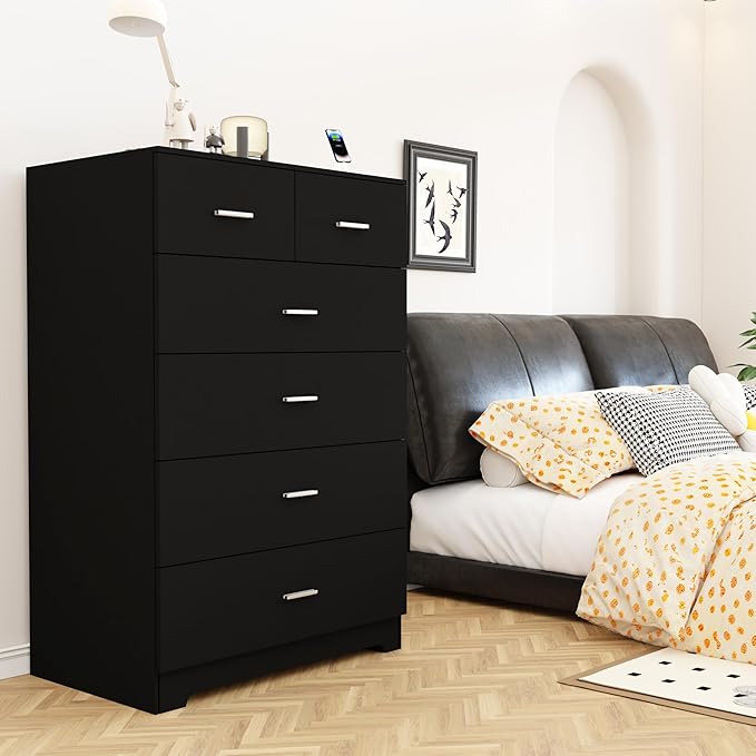 Dresser with Power Outlets Wooden 6 Drawer Dresser with Large Organizer Black