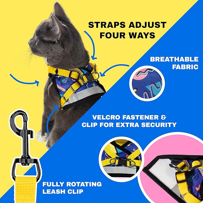 Travel Cat Harness and Leash Set - Adjustable Fit Harness and Reflective Strap - Comfort Walking Vest for Kitten for Outdoor Walking, Hiking (Medium, 90s Cat)