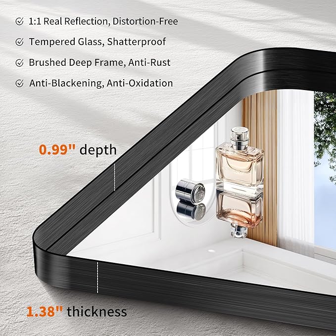 CIRCUMI Black Bathroom Mirror, Rounded Corner, Tempered Glass, Square Mirror