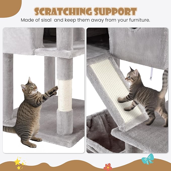 SHA CERLIN 81in Multi-Level Tall Cat Tree Tower for Indoor Kitties/Larger Cat Condo Furniture with Hammock/Cozy Pussycat Perches/Sisal Scratching Posts/Pet House/Wide Base/Grey
