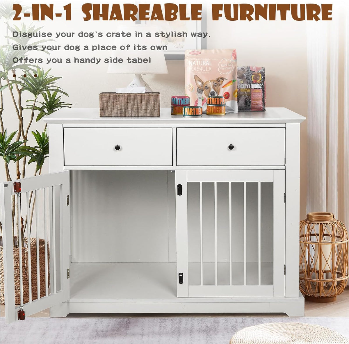 LEMBERI 44 Inch Large Dog Crate Furniture, Wooden Dog Kennel End Table with Storage Drawers, Decorative Pet Cage Dog House Indoor for Dogs