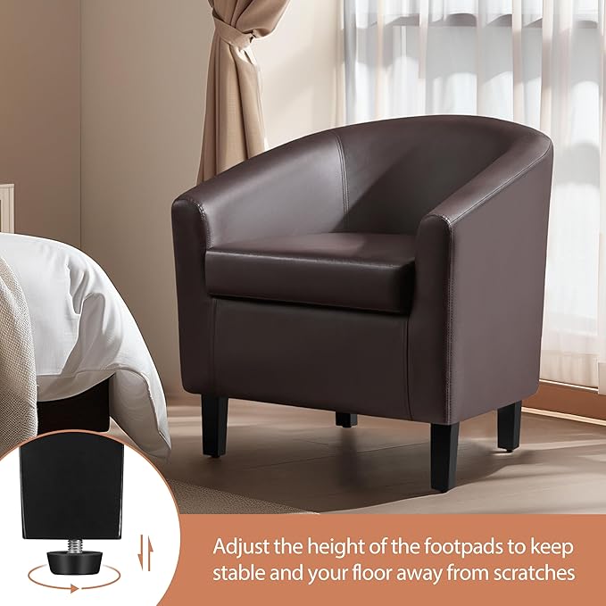 Yaheetech Leather Club Chair, Faux Leather Accent Chair, Modern Living Room Armchair with Wood Legs and Padded Seat for Bedroom Reception Room, Espresso