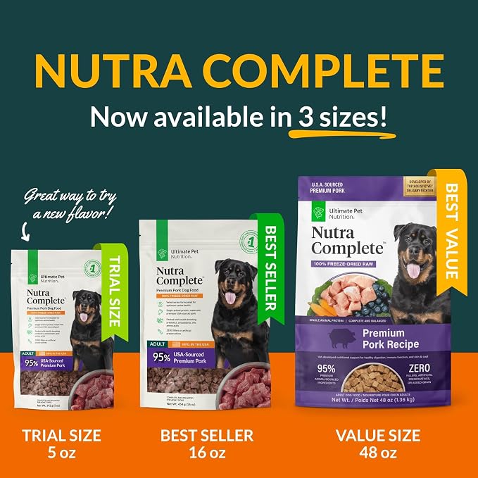 ULTIMATE PET NUTRITION Nutra Complete Freeze Dried Raw Dog Food, Veterinarian Formulated with Antioxidants, Prebiotics & Amino Acids (1 Pound, Pork)