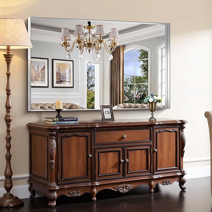 CIRCUMI Silver Bathroom Mirror, Brushed Finish, Tempered Glass, Large Mirror