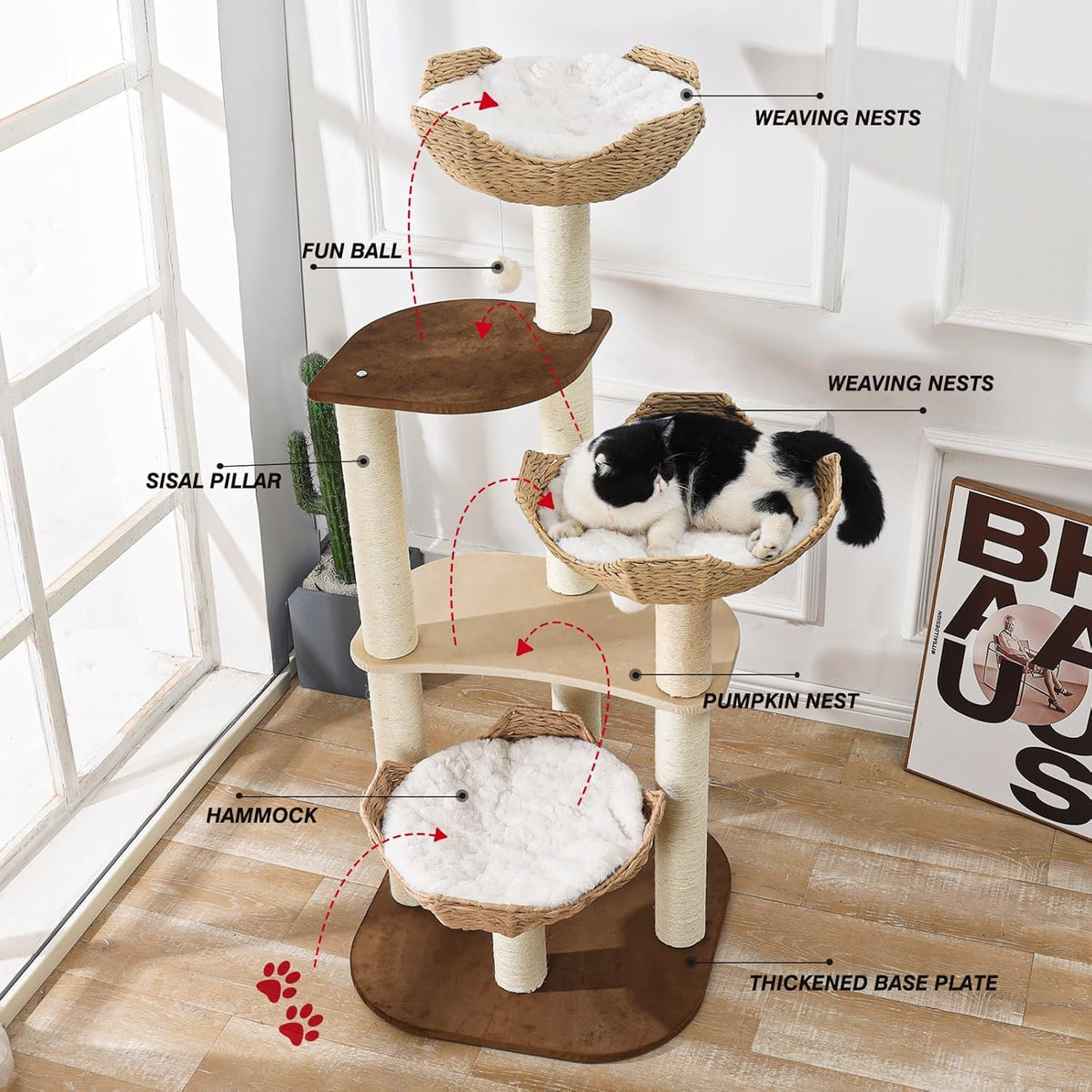 Big Modern Design Cat Tree Tower with White Cloud Mat, Unique Cat Supplies Tower with Scratching Post, Cute Wood Cat Tree Cat Furniture Activity Centre for Indoor Big Cats