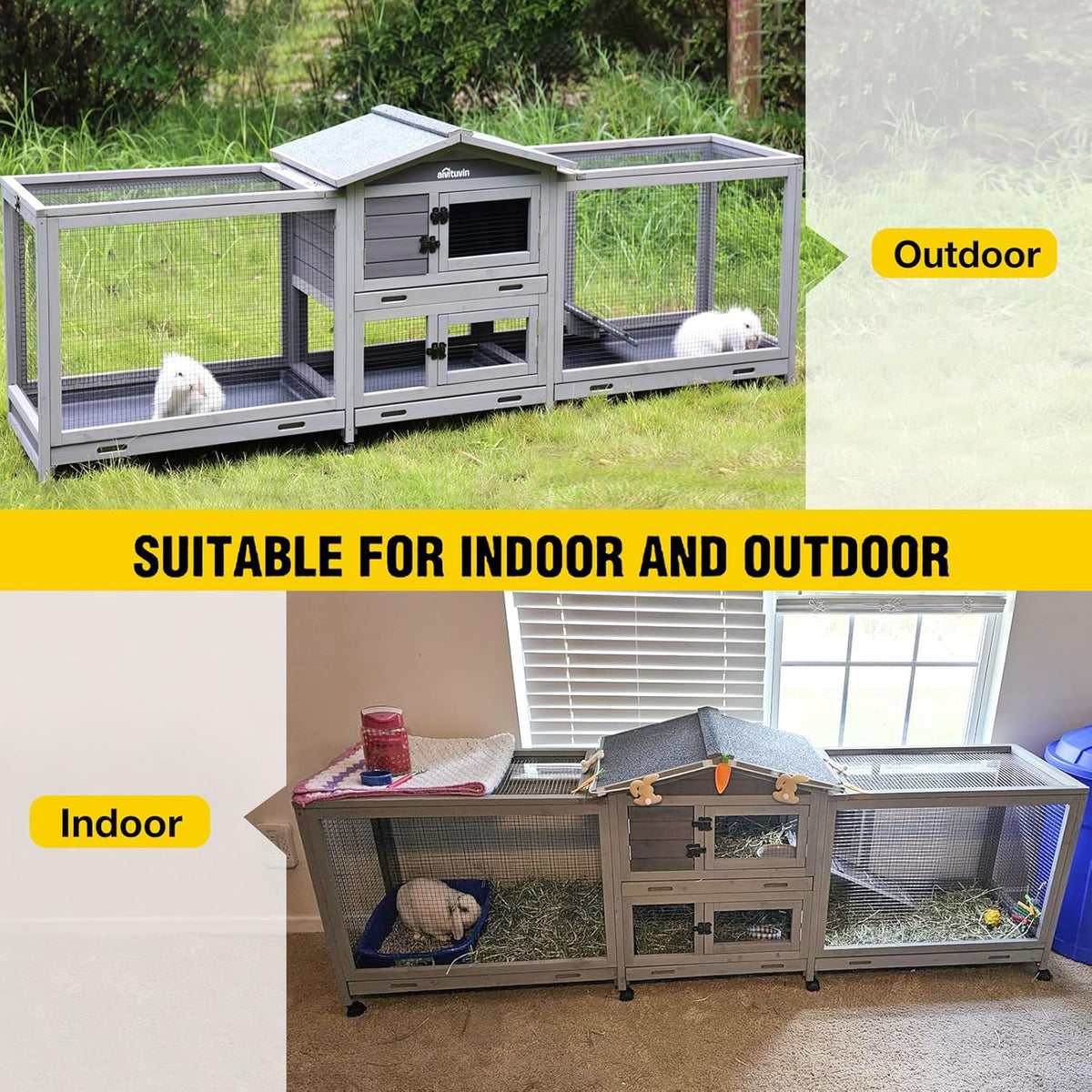 Aivituvin Rabbit Hutch Large 2-Story Bunny Cage Indoor Outdoor on Wheels Bunny House with Run,Pull-Out Tray