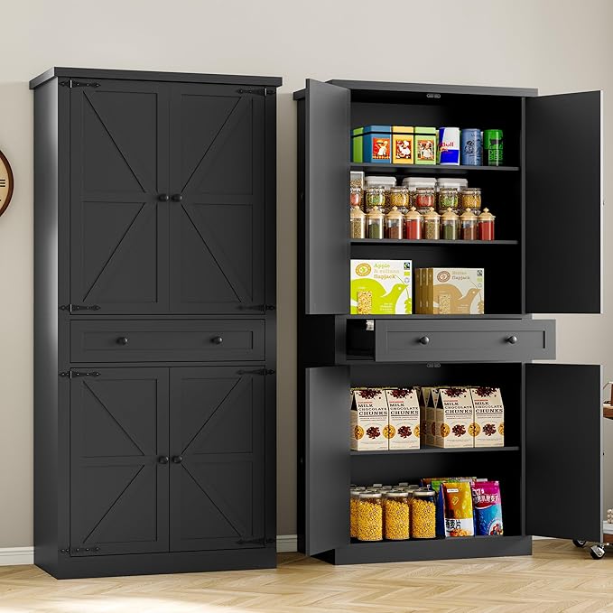 Pantry Organizers and Storage Cabinet, 70” Barn Door White Kitchen Cabinet