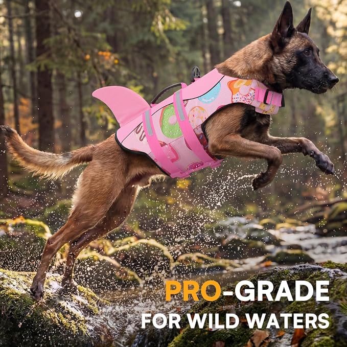 Dog Life Jacket, Dog Life Vest for Swimming, Medium Dogs Shark Swimming Safety Vest Adjustable Preserver with High Buoyancy, Pet Lifesaver for Medium Dogs, Pink Donut M