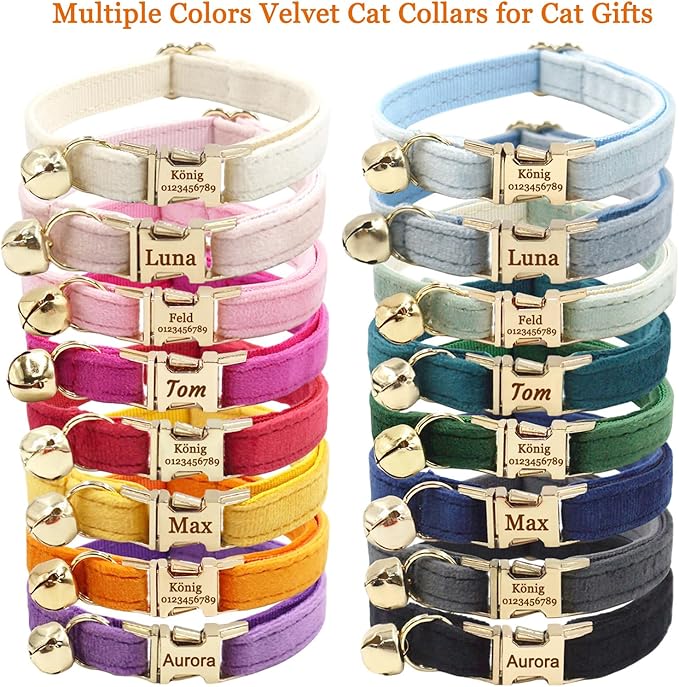 Personalized Cat Collar with Bells,Velvet Customized Small Cat Collar with Name Tag,Pet Collar with Name Phone Number Engraved ID Tags for Boy and Girl Kitten Cats (Cream)