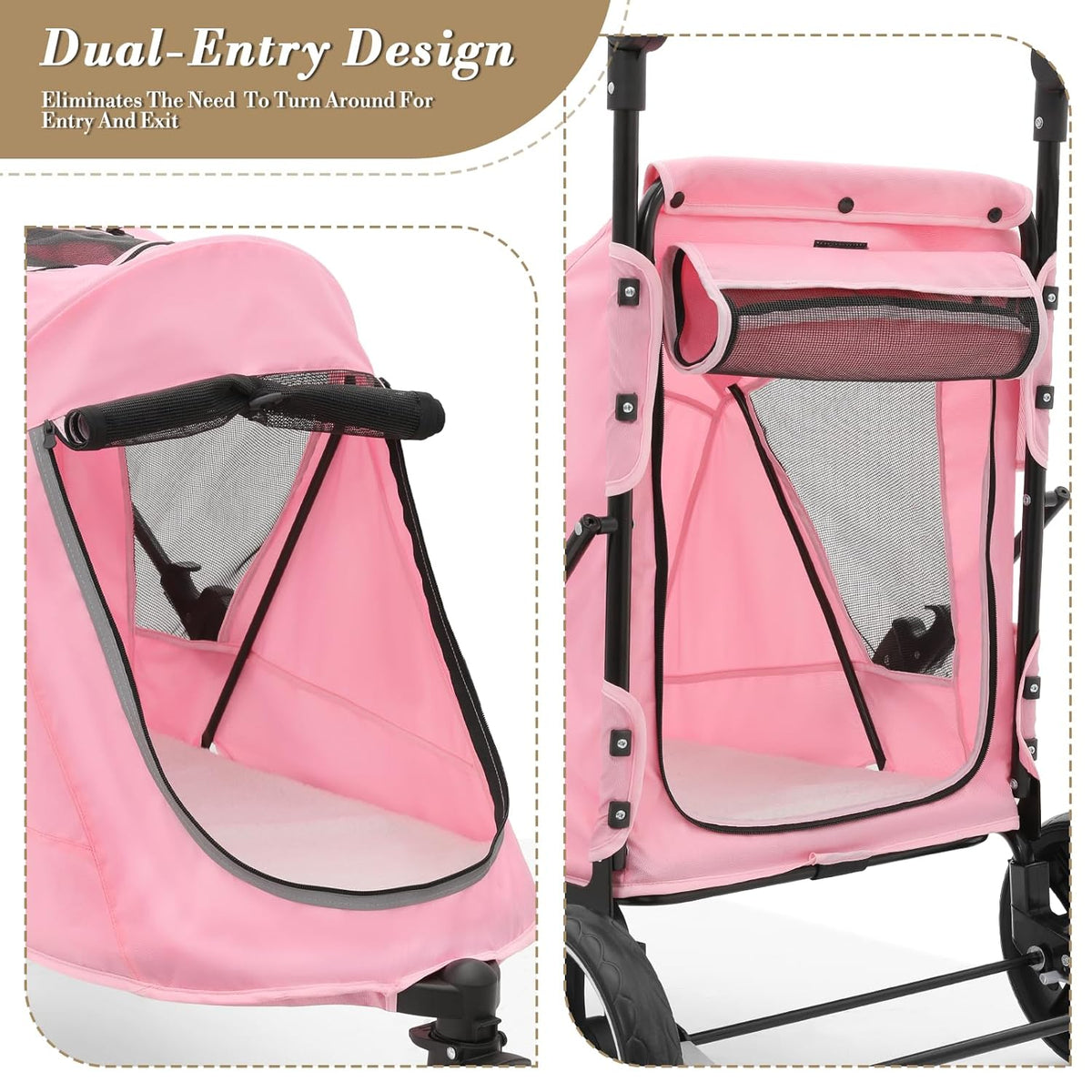 Athena Collection 3 Wheels Pet Stroller Fabric Dog Cart Dog Stroller for Large Dogs 55 Lbs Pet Stroller with Mesh Windows, Zipper Back Pocket, Safety Tether, Angle Adjustable Handlebar, Pink