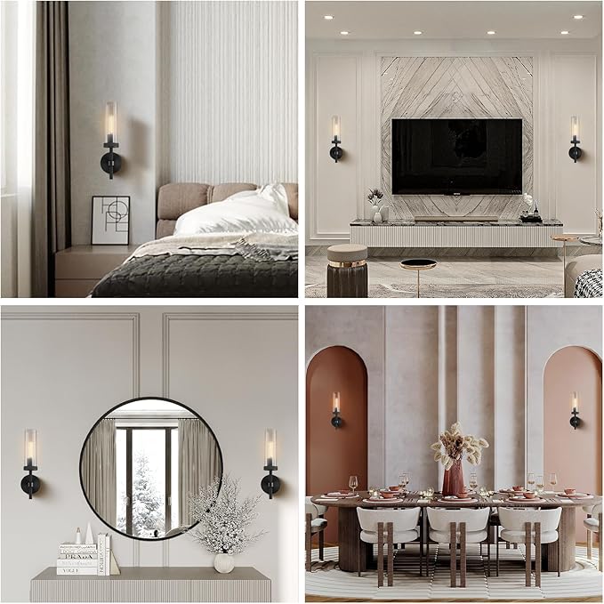 14" Bathroom Vanity Wall Sconces,Matt Black Wall Sconces Set of Two,Glass Tube Sconces Wall Lighting Indoors,Wall Lights for Mirror, Living Room, Bedroom, Hallway