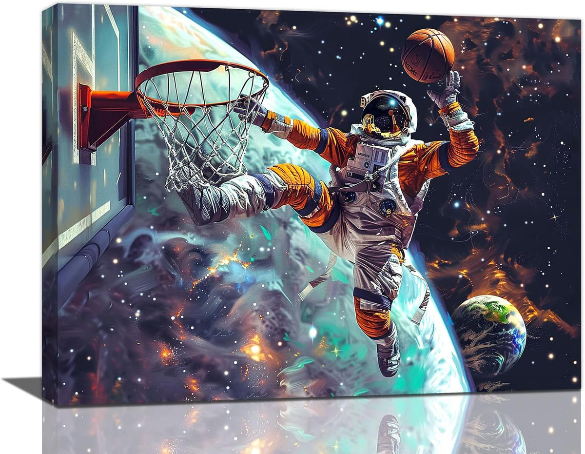 Quorin Astronaut Wall Art Funny Spaceman Basketball Pictures Space Galaxy Planet Wall Decor Canvas Print Painting Artwork for Bathroom Living Room Bedroom 12"x16"