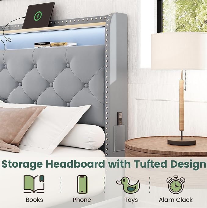 LARMACE Queen Size Bed Frame with Headboard Upholstered Tufted LED Platform Bed Frame Queen with 4 Storage Drawers&USB,Type-C Charging Station,Heavy Duty,No Box Spring Needed,Easy Assembly,Bluish Grey