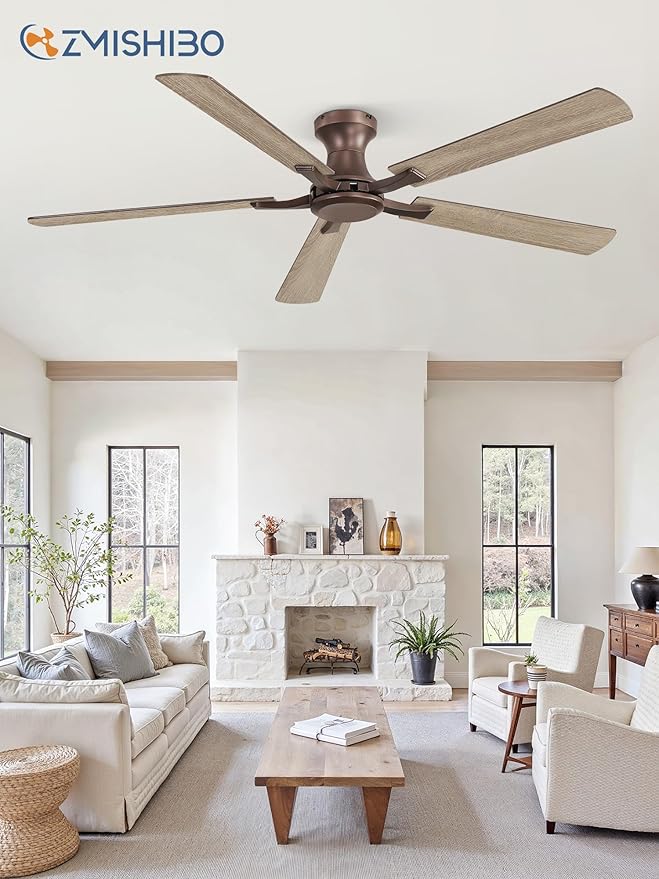 ZMISHIBO 60 Inch Ceiling Fan No Light, Flush Mount Low Profile, Farmhouse Brown