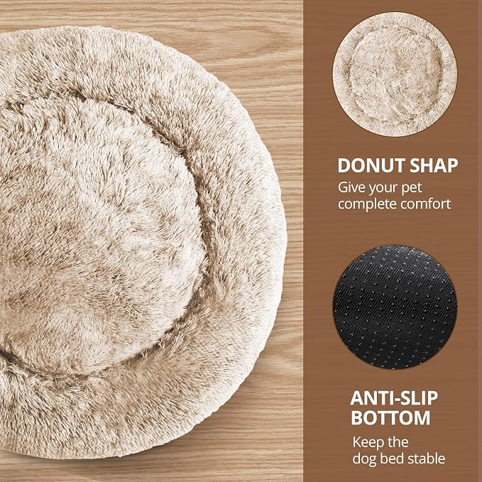 JOLLYVOGUE Calming Small Dog & Cat Bed for Indoor Cats - 20 inches Washable Donut Bed for Kittens & Puppies, Anti-Anxiety Round Fluffy Plush Pet Beds (Fits up to 15 lbs, Cream Brown)