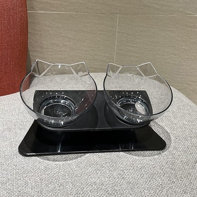 Luck Dawn Double Elevated Cat Bowls with Raised Stand, 15 Tilted cat Bowl Design Neck Guard Stand Raised Pet Food Water Feeder Bowl for Cats or Small Dogs