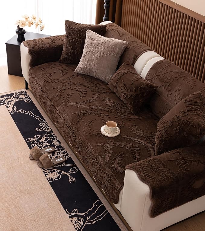 Fuzzy Rabbit Plush Sofa Cover Cozy Warm Sofa Couch Covers with 3D Jacquard Leaf Pattern Non-Slip Easy-to-Install Shaggy Sofa Slipcover Prefect for Kids Dogs Cats Cats(Caramel,36"x102")