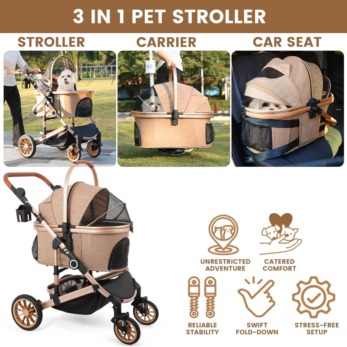 Pet Stroller with 4 Wheels, Foldable Pet Travel Carrier for Small/Medium Dogs Cats up to 50lbs, Detachble Portable Pet Bag, Storage Basket, Car Seat 3 in 1 Multifunctional (Tan)
