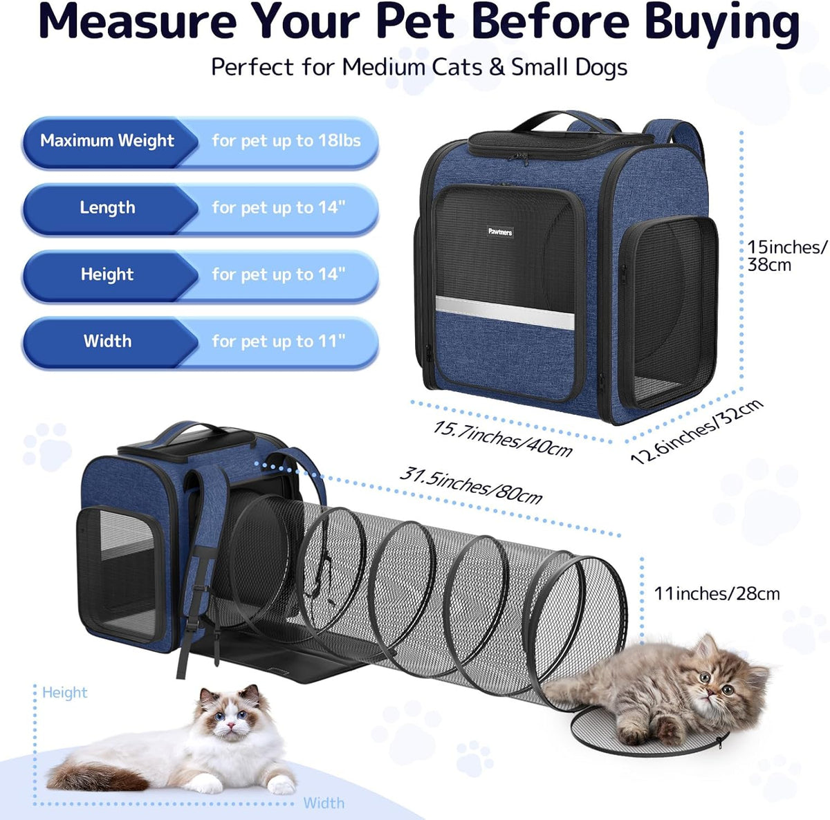 Pawtners Cat Carrier Backpacks Expandable Pet Backpack with Breathable Mesh, Pet Carrier Backpack for Cats Small Dogs Puppies Up to 18 Lbs, Dog Carrier Backpack for Travel Hiking Camping Outdoor Blue