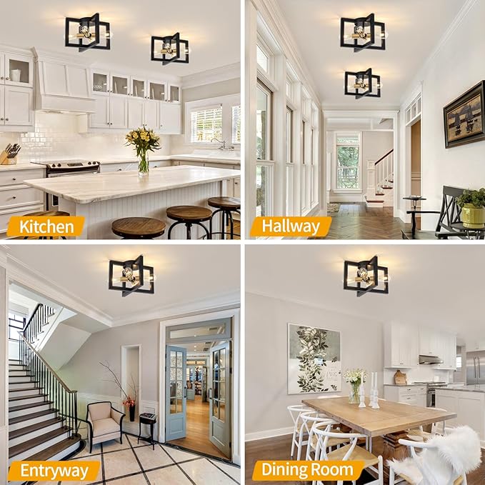Modern Black and Brushed Gold Semi Flush Mount Ceiling Light, 4-Light Industrial Geometric Light Fixture, Ceiling Lights for Hallway Entryway Laundry Kitchen Dining Room Bedroom Lighting, UL Listed