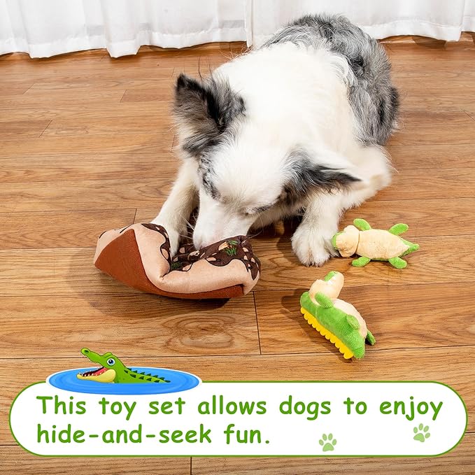 Hollypet Squeaky Dog Toy, Interactive Plush Hide and Seek Dog Toys for Small Medium Sized Dogs and Non-Aggressive Chewers, Puppy Teeth Clean Chew Toys, Crocodile