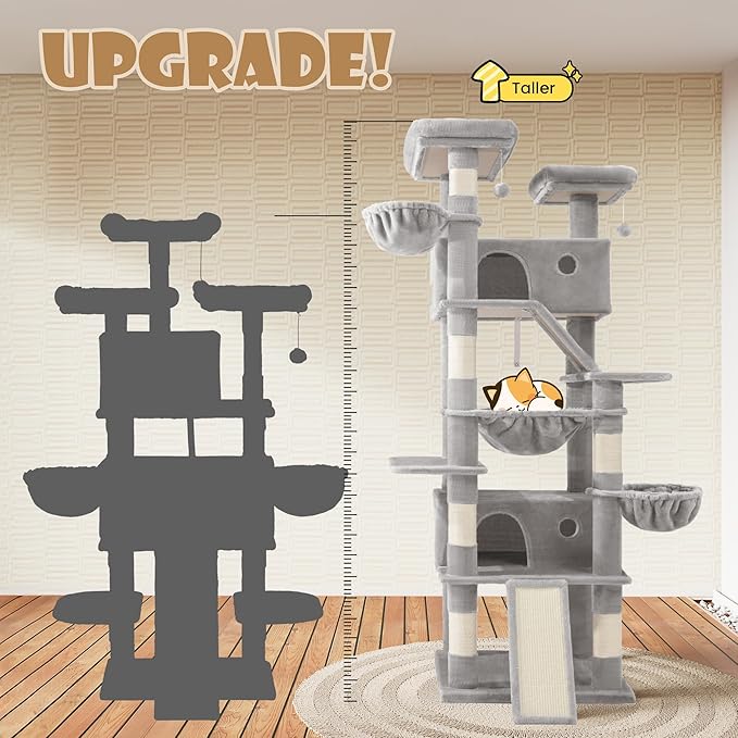 SHA CERLIN 81in Multi-Level Tall Cat Tree Tower for Indoor Kitties/Larger Cat Condo Furniture with Hammock/Cozy Pussycat Perches/Sisal Scratching Posts/Pet House/Wide Base/Grey