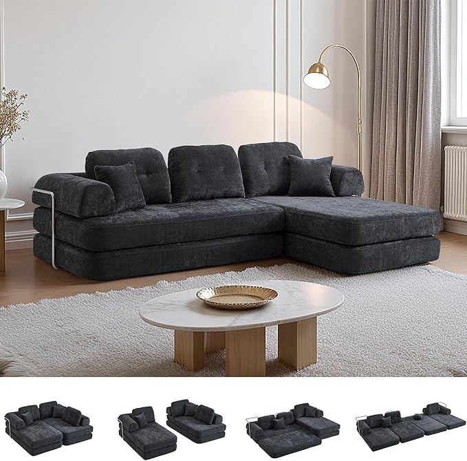 104" Oversized Convertible Sleeper Sofa Bed, Chenille L Shape Sectional Couch, Folding Sofa Bed with Fixed-Shape Frame, Modern Cloud Floor Mattress Couch, Modular Sofa for Living Room, Dark Grey