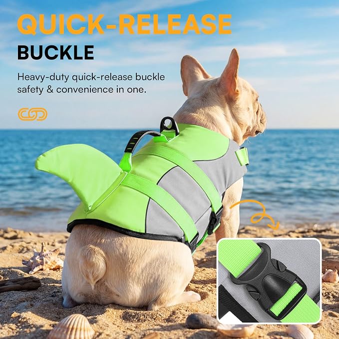 Dog Life Jacket Ripstop Shark Dog Safety Vest Adjustable Preserver with High Buoyancy and Durable Rescue Handle for Small,Medium,Large Dogs, Green Shark X-Large